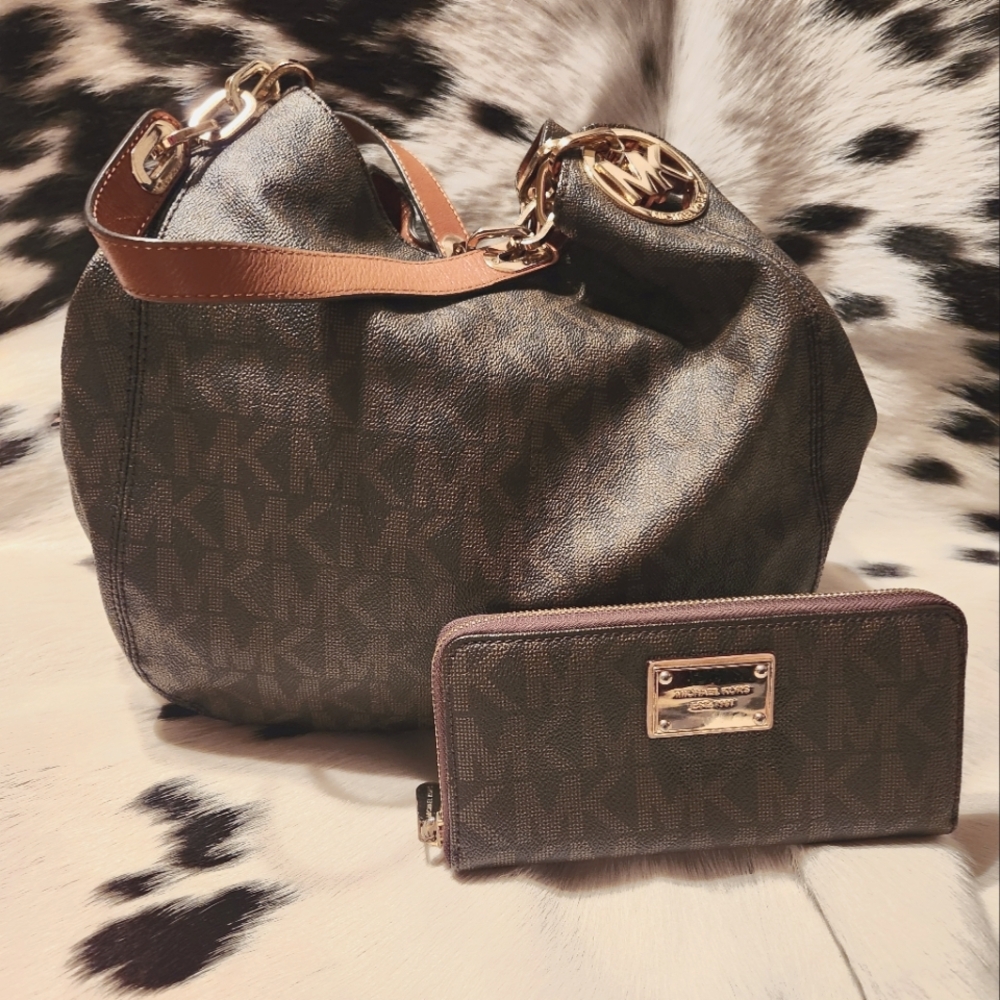 Michael Kors Brown Monogram Hobo with Gold Hardware and Tan Trim